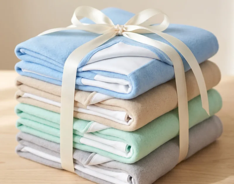 A stack of Baby Rocks dry sheets in pastel colours, tied with a ribbon
